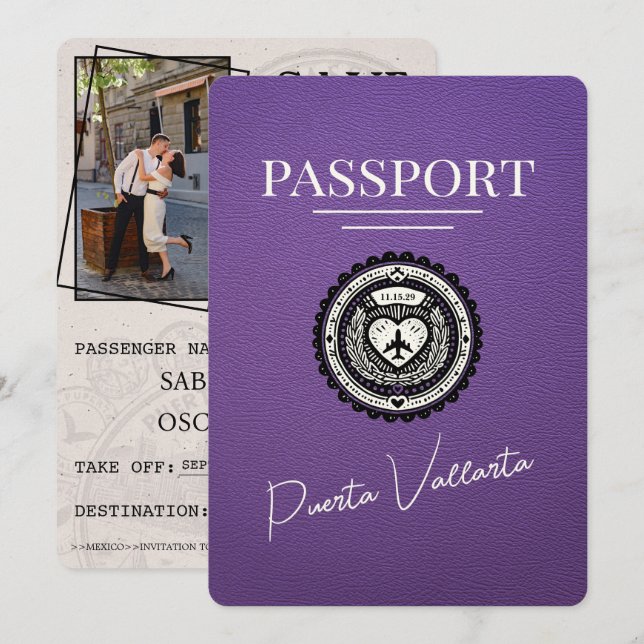Purple Puerta Vallarta Passport Save The Date (Front/Back)