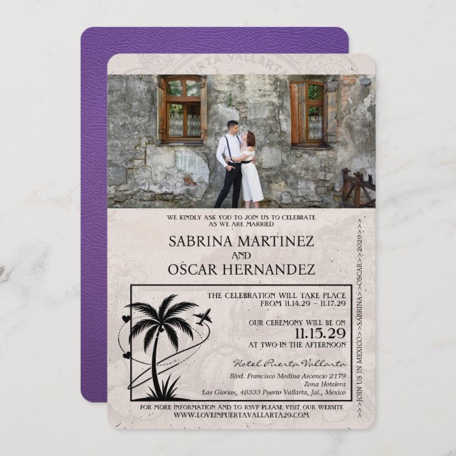 Purple Puerta Vallarta Passport Wedding Invitation (Front/Back)