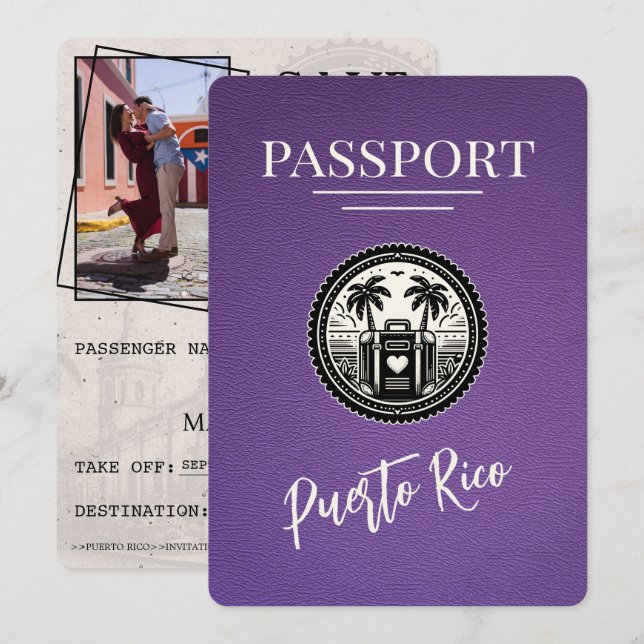 Purple Puerto Rico Passport Save The Date (Front/Back)