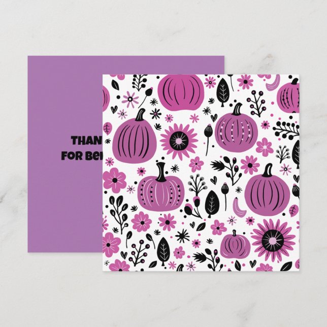 Purple pumpkin and fall flower personalized  thank you card (Front/Back)