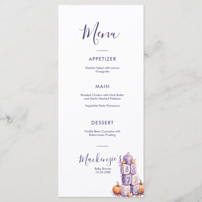 Purple Pumpkin Baby Shower Party Menu (Front)