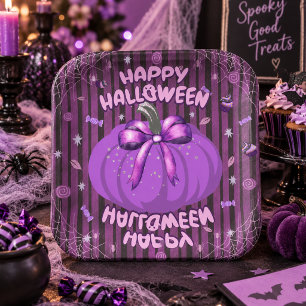 Purple Pumpkin Bow Happy Halloween Paper Plates