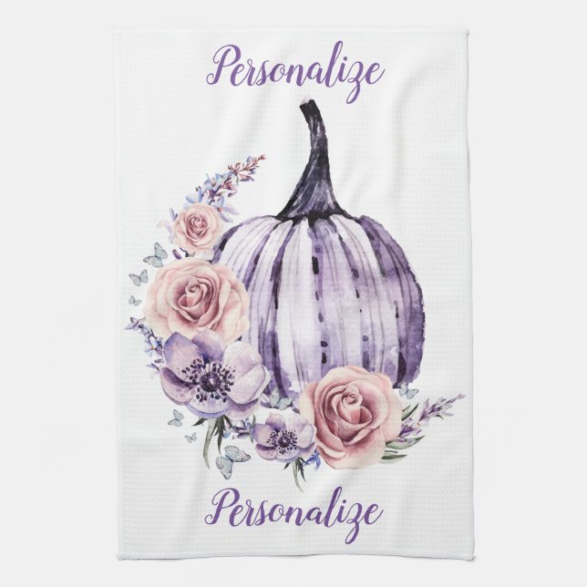 Purple pumpkin cute floral fall autumn flowers  kitchen towel (Vertical)
