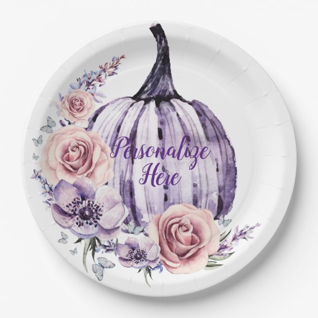 Purple pumpkin cute floral fall autumn flowers   paper plates (Front)
