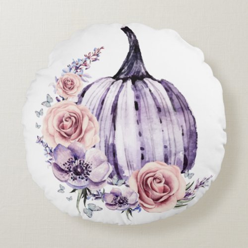 Purple pumpkin cute floral fall autumn flowers thr round pillow