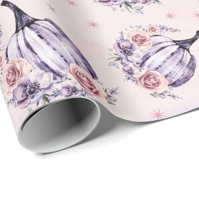 Purple pumpkin cute floral fall autumn flowers  wrapping paper (Roll Corner)