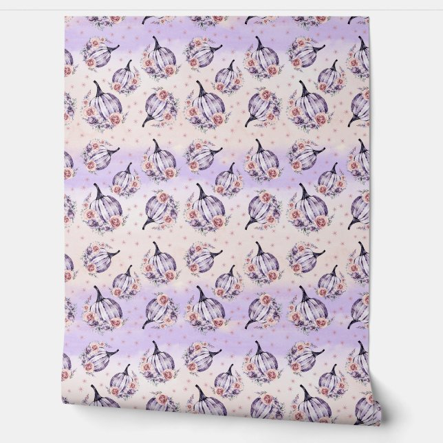 Purple pumpkin cute floral fall purple pink wallpaper  (Unrolling)
