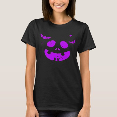 Purple Pumpkin Face with Bats Halloween  T_Shirt