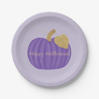 Purple Pumpkin Gold Leaf Halloween Paper Plates