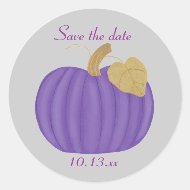 Purple Pumpkin, Gold Leaf, Save the date stickers (Front)