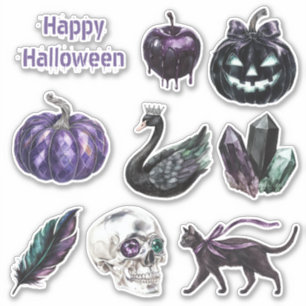 Purple Pumpkin Halloween Skull Jewels Feather Cat Sticker