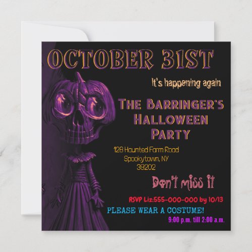 Purple Pumpkin Scary Costume Halloween Party Invitation
