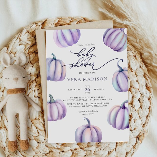 Purple Pumpkin Watercolor Baby Shower Invitation (Creator Uploaded)
