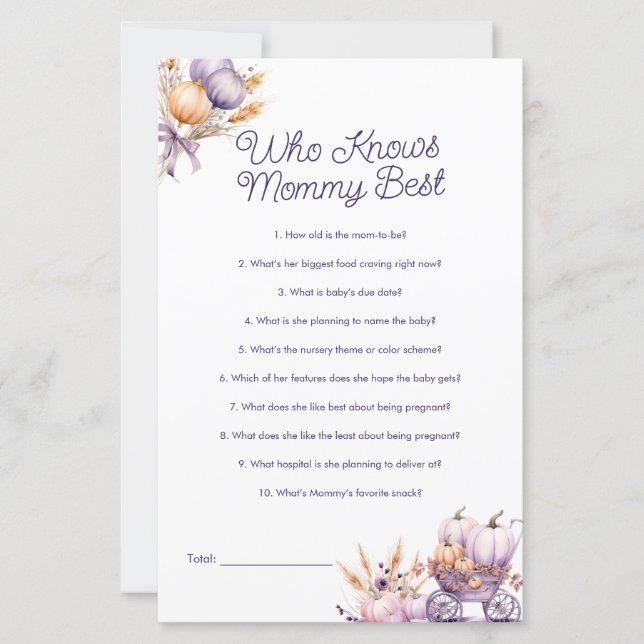 Purple Pumpkin Who Knows Mom Best Baby Shower Game (Front)