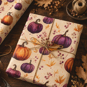 Purple Pumpkins Autumn Harvest Thanksgiving Wrapping Paper