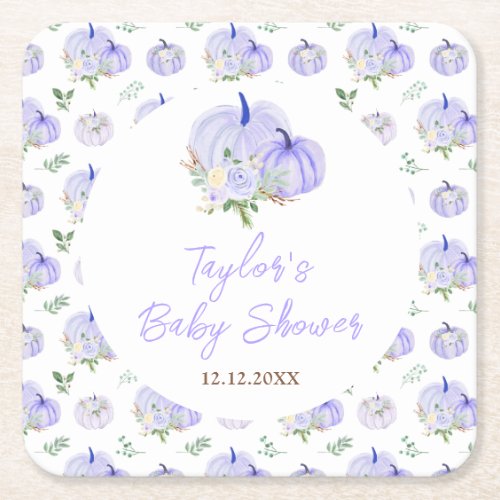Purple Pumpkins Floral Baby Shower Square Paper Coaster