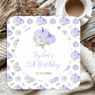 Purple Pumpkins Floral Birthday Party Square Paper Coaster