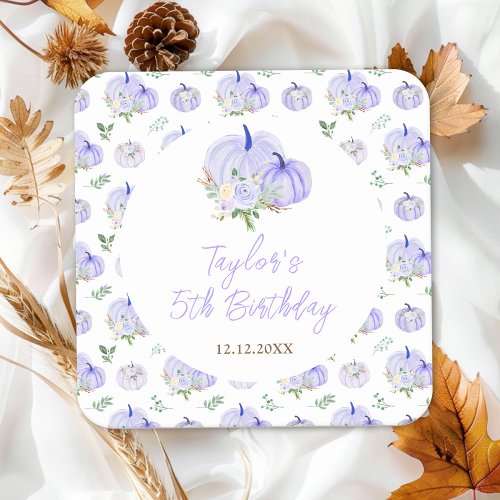 Purple Pumpkins Floral Birthday Party Square Paper Coaster