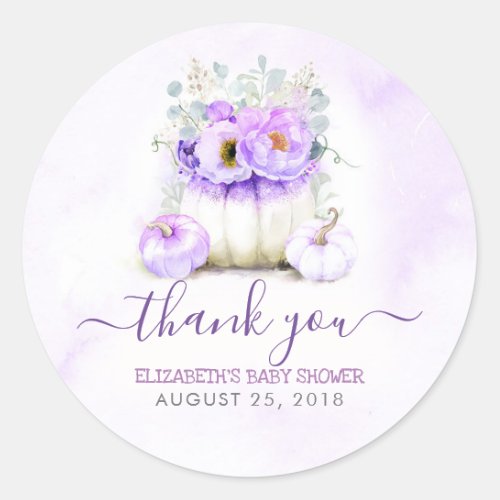 Purple Pumpkins Floral Fall Baby Shower Thank You Classic Round Sticker