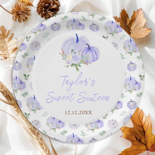 Purple Pumpkins Floral Sweet Sixteen Paper Plates