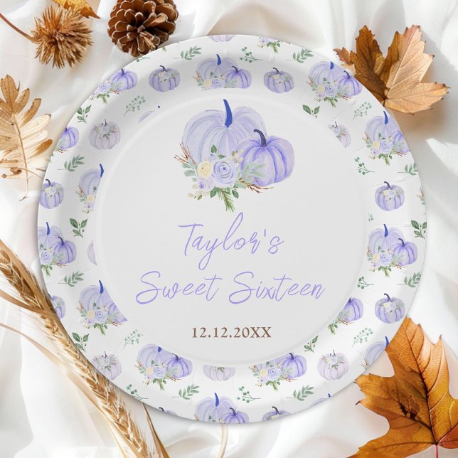 Purple Pumpkins Floral Sweet Sixteen Paper Plates (Creator Uploaded)