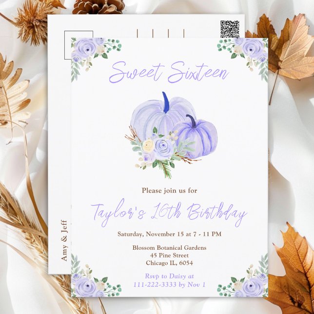Purple Pumpkins Floral Sweet Sixteen Postcard (Creator Uploaded)