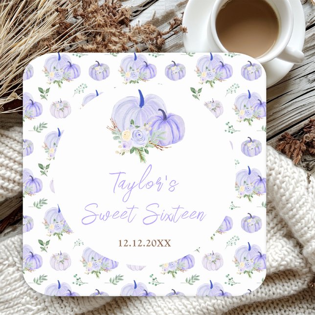 Purple Pumpkins Floral Sweet Sixteen Square Paper Coaster (Creator Uploaded)