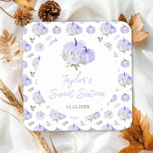 Purple Pumpkins Floral Sweet Sixteen Square Paper Coaster