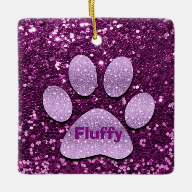 Purple Puppy Paw Purple Faux Glitter Ceramic Ornament (Front)
