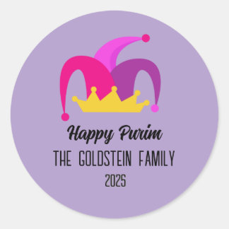 Purple Purim Clown Hat Family Name Classic Round Sticker