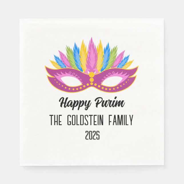 Purple Purim Masquerade Family Name Napkins (Front)