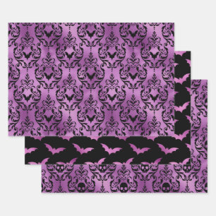Purple Purple Bat and Skull Halloween Damask Wrapping Paper Sheets
