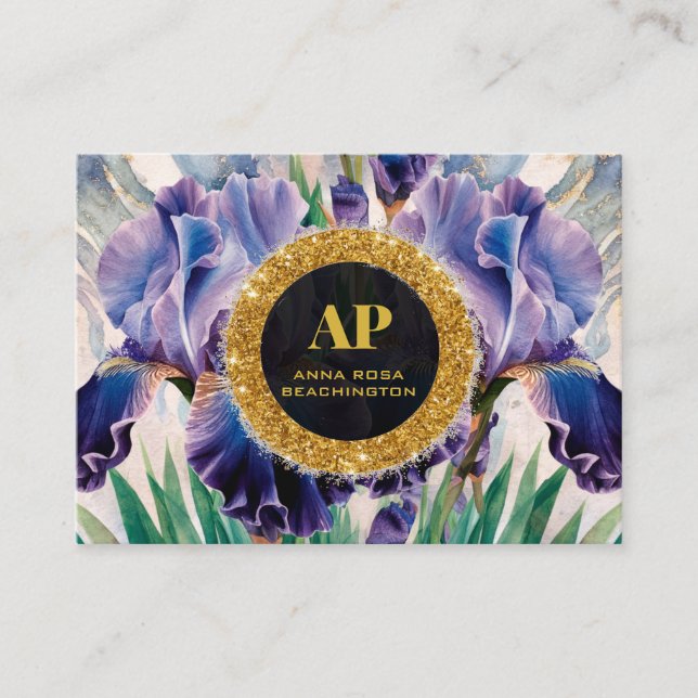 *~ PURPLE QR AP10 IRIS Flowers Gold Business Card (Front)