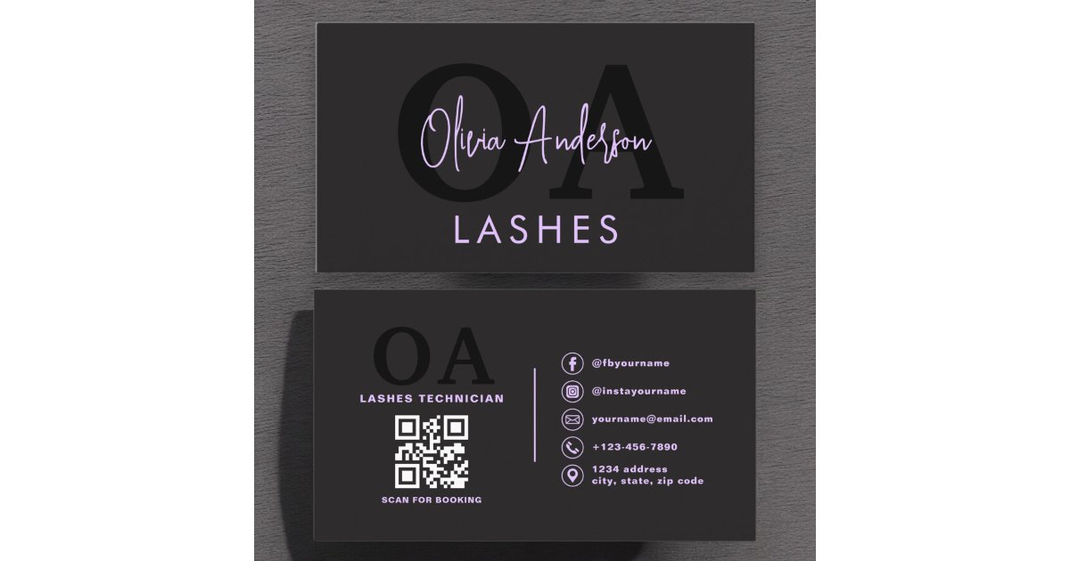 Purple QR Code Eye Lashes Technician Black Business Card | Zazzle