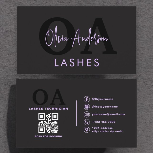 Purple QR Code Eye Lashes Technician Black Business Card (Creator Uploaded)