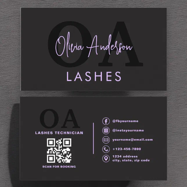 Purple QR Code Eye Lashes Technician Black Business Card | Zazzle