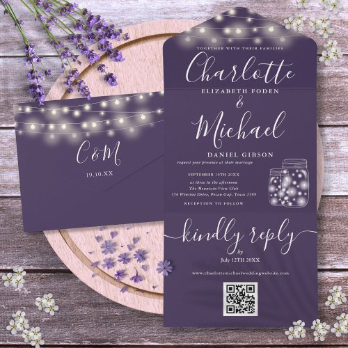 Purple QR Code Mason Jars String Light Wedding All In One Invitation