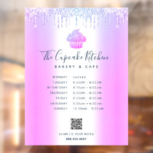 Purple QR Code Menu Hours Cupcake Bakery Glitter Window Cling
