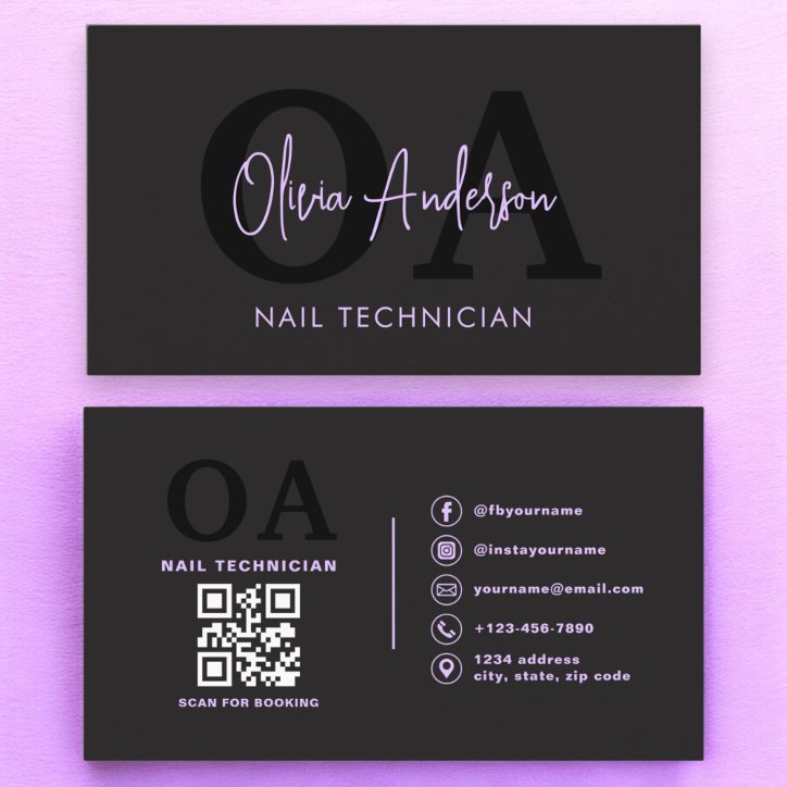 Purple QR Code Nail Specialist Artist Modern Business Card