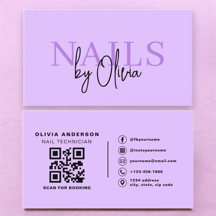 Purple QR Code Nail Specialist Artist Typography Business Card