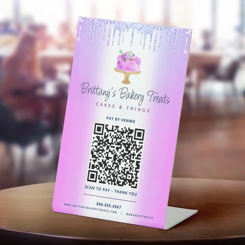 Purple QR Code Pay Here Cake Bakery Glitter Drips Pedestal Sign