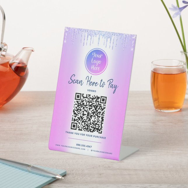 Purple QR Code Pay Here Glitter Drips Custom Logo  Pedestal Sign (In SItu)