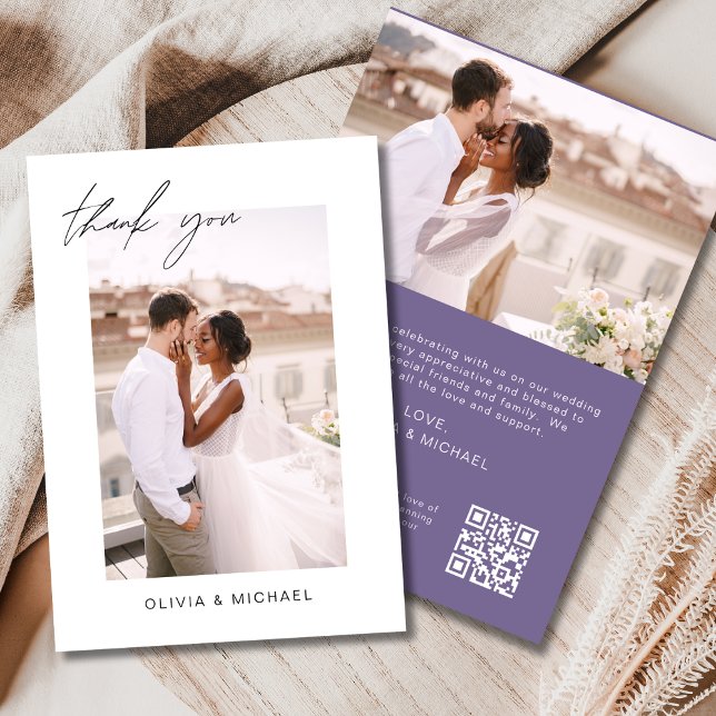 Purple QR Code Wedding Thank You Photo Card (Creator Uploaded)