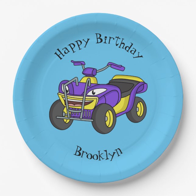 Purple Quad bike cartoon illustration  Paper Plates (Front)