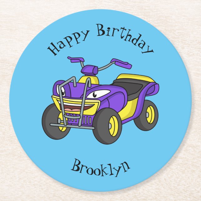 Purple Quad bike cartoon illustration Round Paper Coaster (Front)