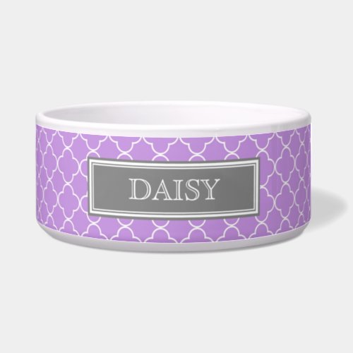 Purple Quatrefoil Custom Name Dog Bowl