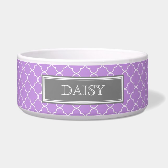 Purple Quatrefoil Custom Name Dog Bowl (Front)