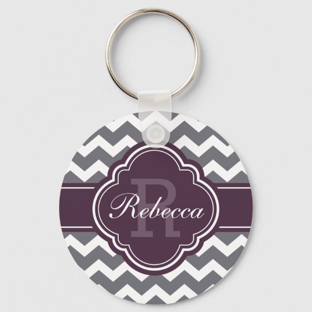 Purple Quatrefoil Monogram Gray Chevron Pattern Keychain (Front)