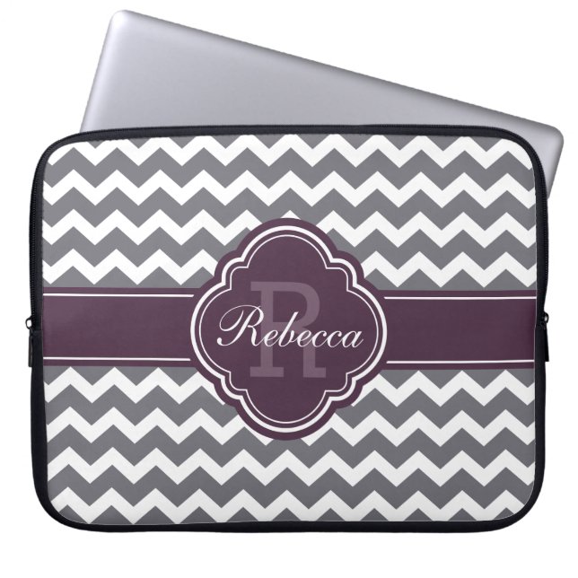 Purple Quatrefoil Monogram Gray Chevron Pattern Laptop Sleeve (Front)