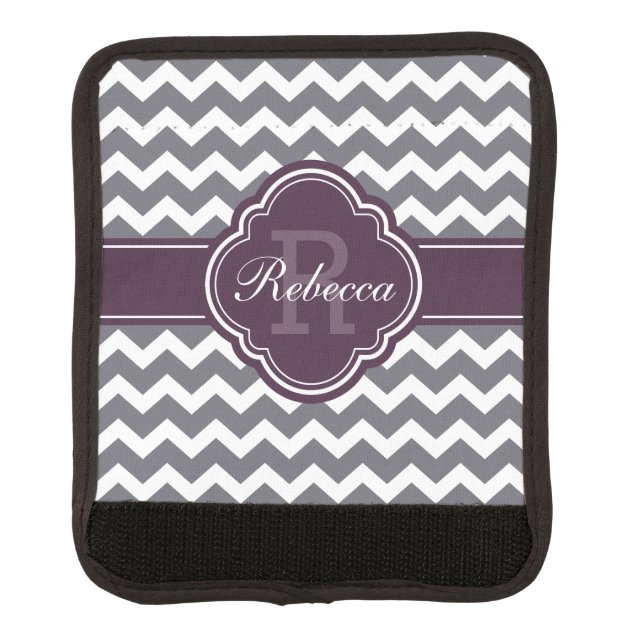 Purple Quatrefoil Monogram Gray Chevron Pattern Luggage Handle Wrap (Front)
